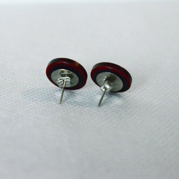 Deep Red Button Stud Earrings - Picture 2 of 4